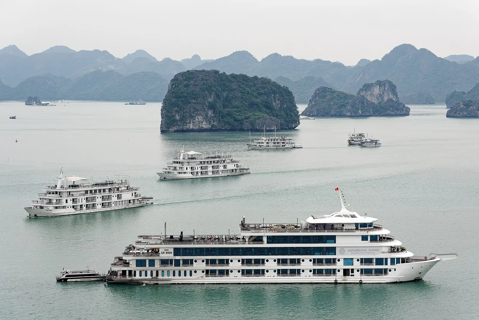 Large white cruise ships at anchor among karst islands, seen from Ti Top Island in Ha Long Bay