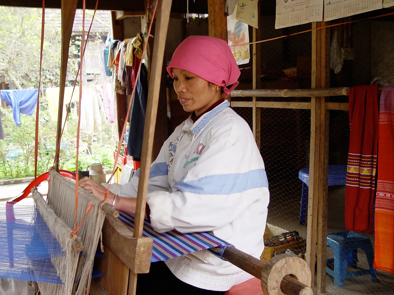 White Thai woman in a pink headscarf weaving on a wooden loom under a stilt house in Mai Chau