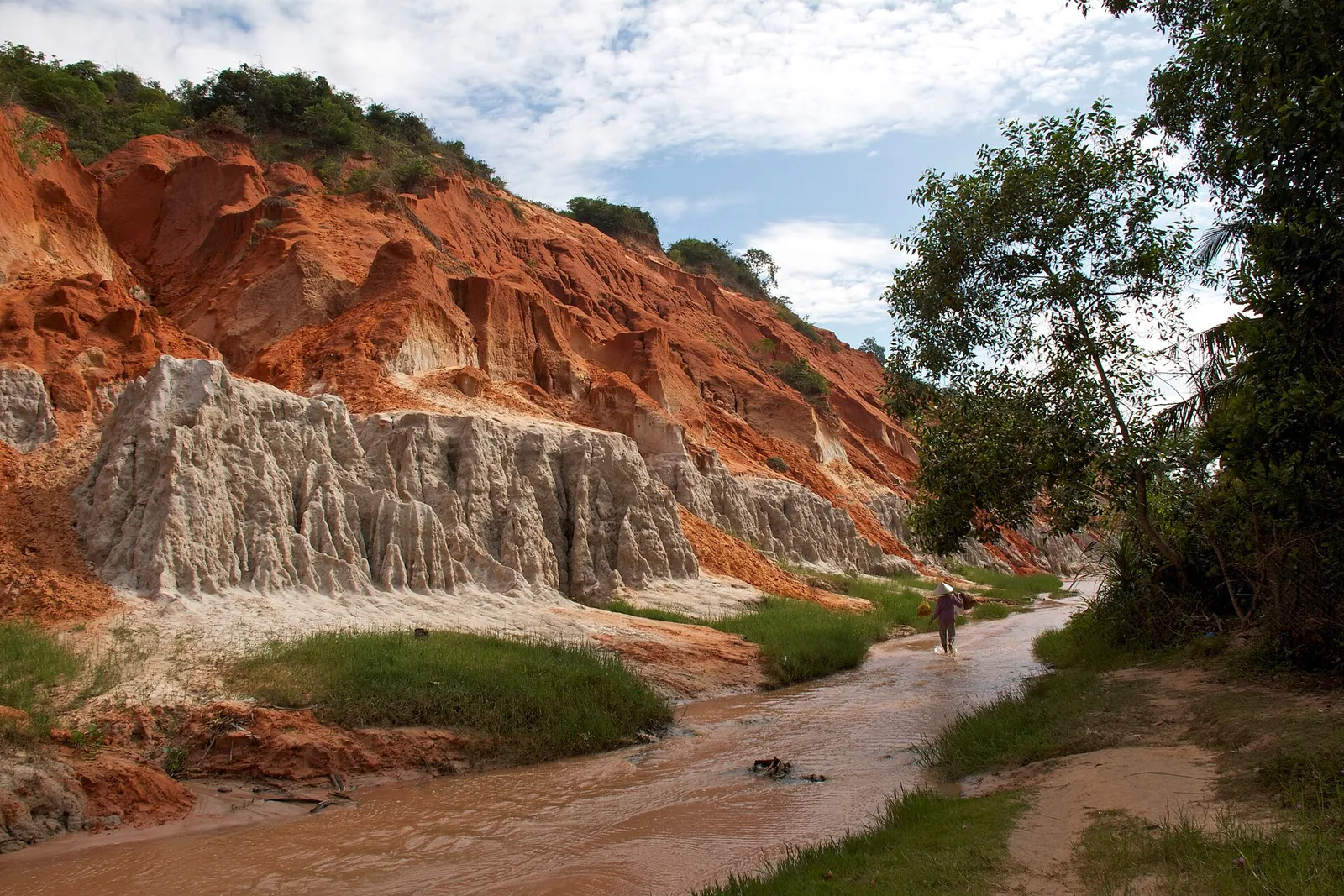 A shallow stream running past eroded red and white clay cliffs at the Fairy Stream in Mui Ne