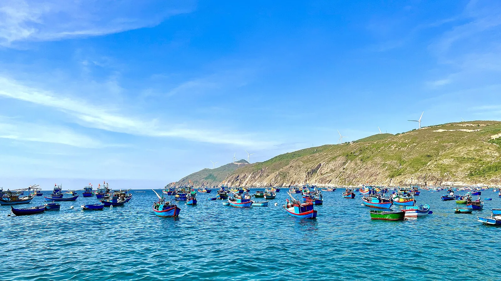 Dozens of colourful fishing boats moored in a blue bay below green hills at Nhon Ly