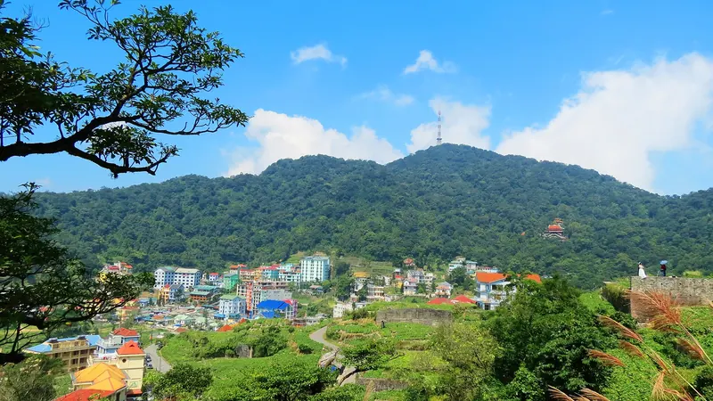 Hotels and villas of Tam Dao town on a green hillside below a forested ridge with a transmission mast, under a blue sky