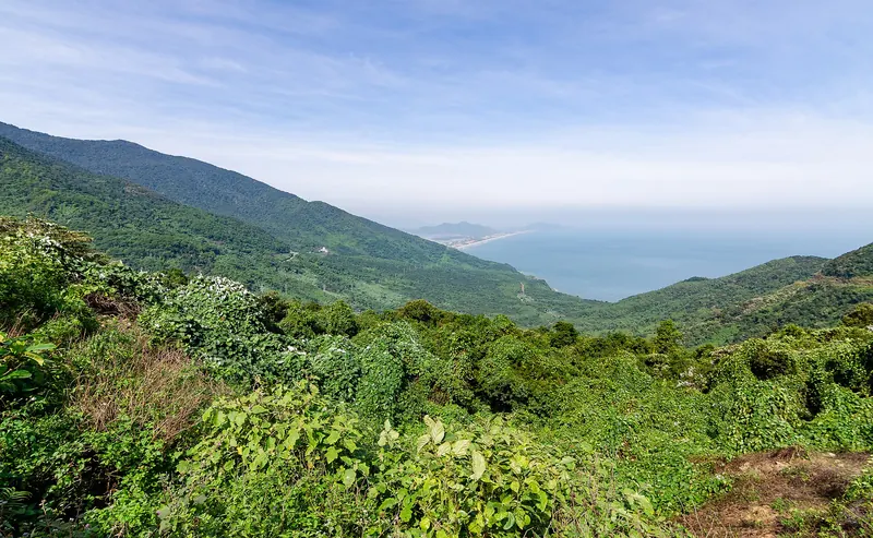 Green forested slopes of the Hai Van Pass falling to the sea, with the Lang Co coast in the distance under a blue sky