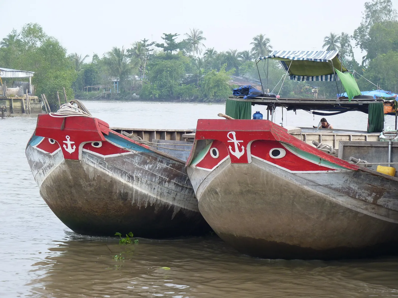 Two wooden river boats with red-painted bows and eyes moored on the river at Dong Hoa Hiep, Cai Be
